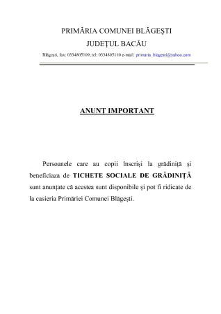ANUNȚ TICHETE SOCIALE GRĂDINIȚĂ